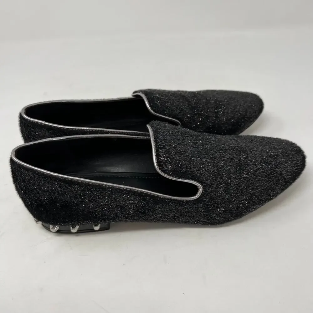 Marc Fisher Black Silver Shimmer Studded Abree Faux Fur Womens Loafers Shoes 7.5